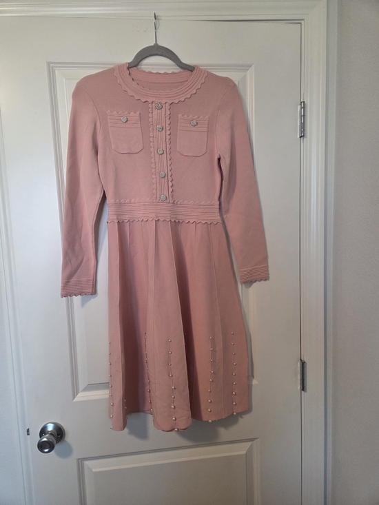 Dresses & Skirts - Womens Pink Knit Long-Sleeve Dress with Decorative Buttons